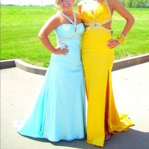 Yellow Cut Out Sides Halter Open Back Prom Dress